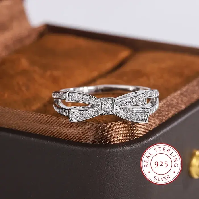 Bague plaquée argent 925 pour femmes, beau nœud, bijoux en Zircon scintillant, bijoux de fête, bague