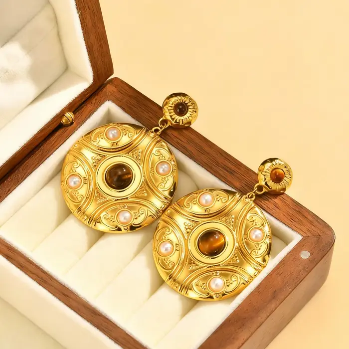 Boucles d'oreilles Vintage en pierre naturelle ornée pour femmes, Style ethnique créatif, disque tex