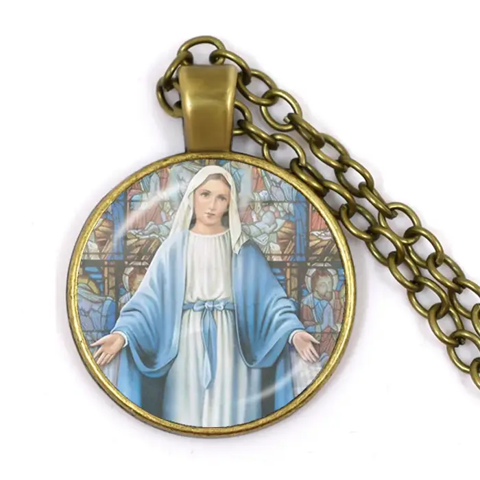 Vierge Marie et bébé jésus catholicisme chrétien bijoux collier béni mère Art religieux verre Cabochon dôme pendentif cadeau