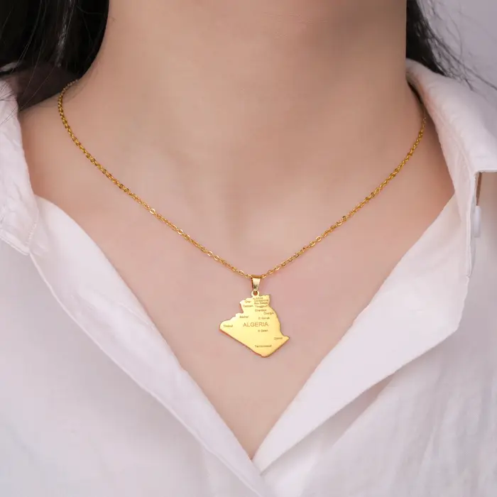 Kkjoy mode acier inoxydable couleur or carte d'ALGERIA pendentif collier pour femmes hommes