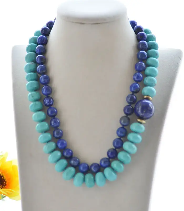 Collier Rond Bleu Lapis-Lazumovies et Turquoise Oblate, 2 Nucleo 20mm, S2456
