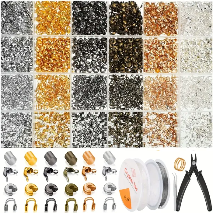 ​ ​ Kit de bijoux DIY - 1800 pièces en laiton : perles à sertir, gardiens métalliques, tubes, pointe