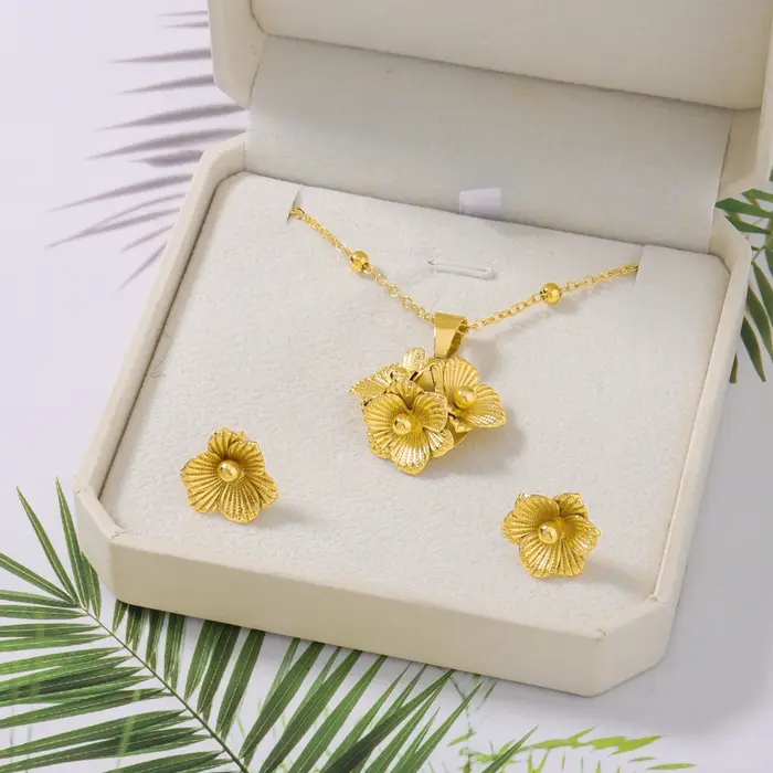 Parure de bijoux de luxe 2026 Dubaï : collier et boucles d'oreilles fleuris pour femme, idéale pour 