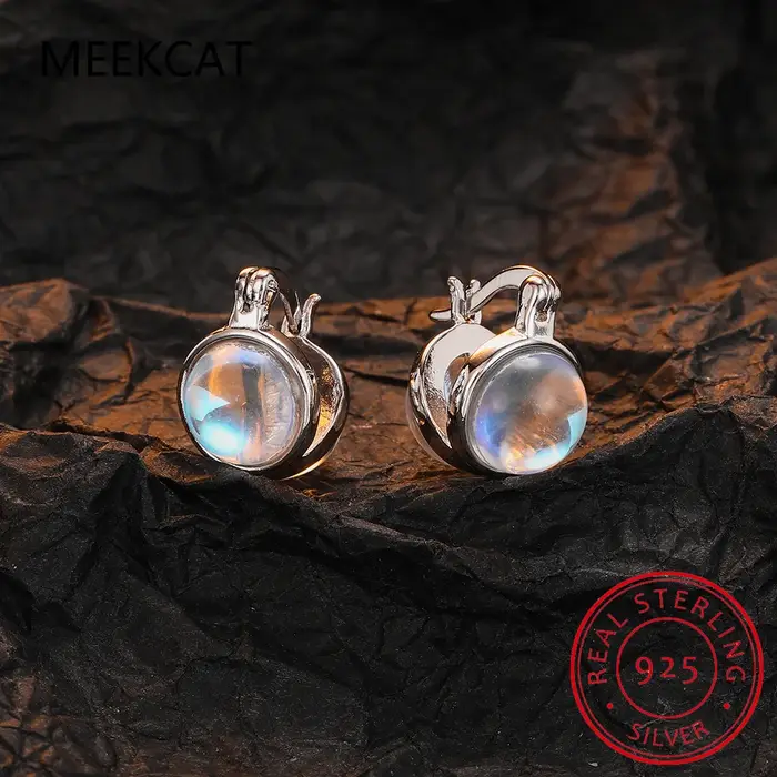 Boucles d'oreilles créoles doubles en argent sterling 925 avec pierre de lune ronde