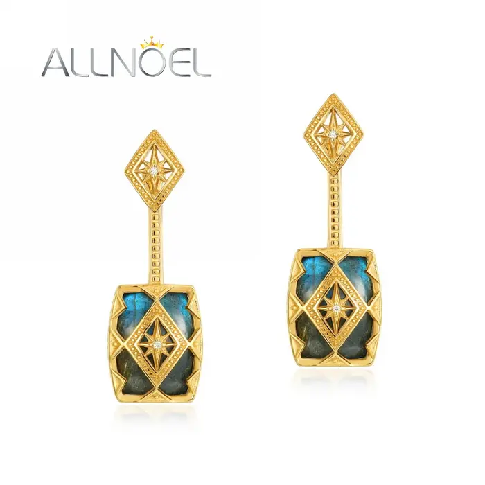 ALLNOEL-Boucles d'Oreilles Pendantes en Argent 925 pour Femme, Labrumen Naturel, Plaqué Or, Bijoux V