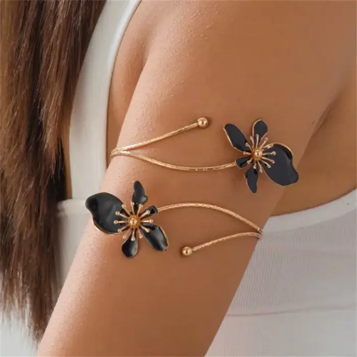 Bracelet de bras bohème en émail floral pour femme, manchette ouverte tendance motif fleur effet goutte d'huile, fait main, bijou de fête et de vacances, cadeau