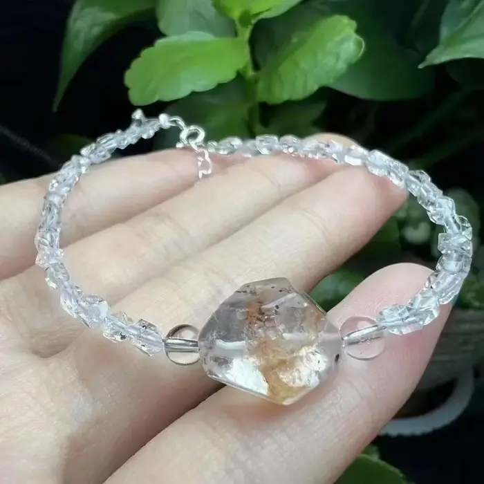Bracelet 925 Argent Serti de Pierres de Herkimer Diamant Cristal et Quartz Hématoïde Noir Bijou Unisexe Occasions Spéciales