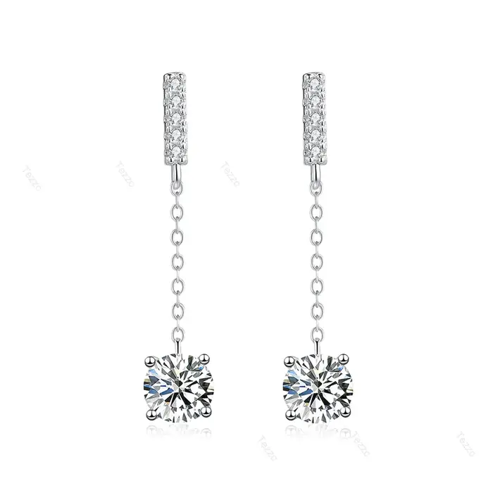 Boucles d'oreilles pendantes Tezzc 1ct avec chaîne longue et pampilles pour femme, en argent 925 vér