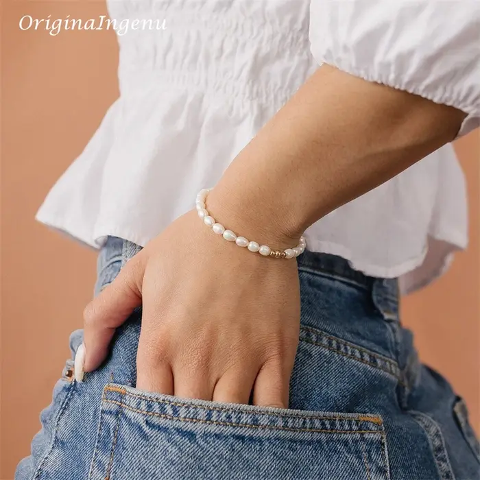 Bracelet artificiel astique Fait à la Main en Perles Naturelles Rempli d'Or 14K