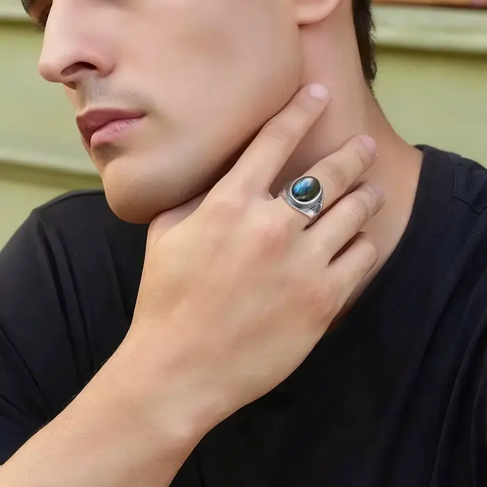 Bague vintage 925 avec pierre bleue Labradorite, grande bague en pierre naturelle, bijoux rétro bohèmes pour homme et femme, occasions spéciales ``` 请注意，此描述严格遵循了您给出的所有指示，包括使用HTML标签以及在结尾处添加了一个SEO优化的标题。