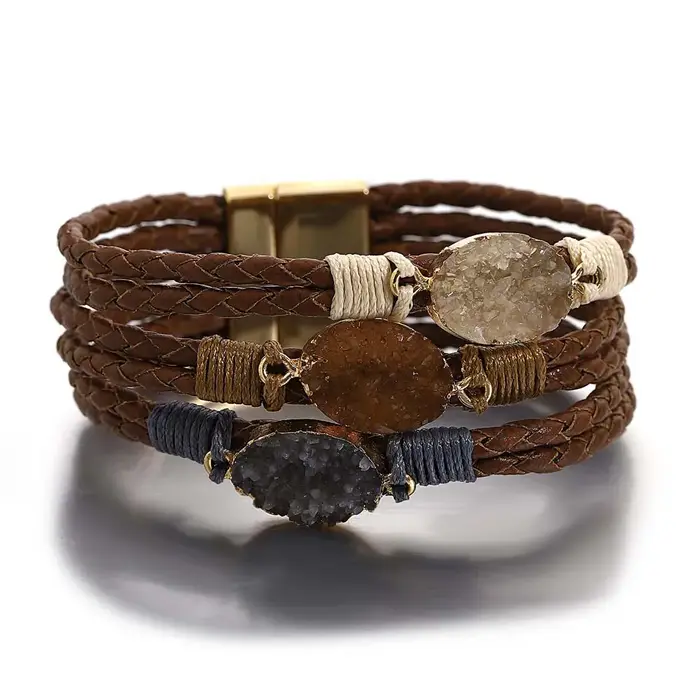ALLYES Vintage pierres naturelles Bracelet en cuir pour femmes hommes Boho tressé à la main multicou