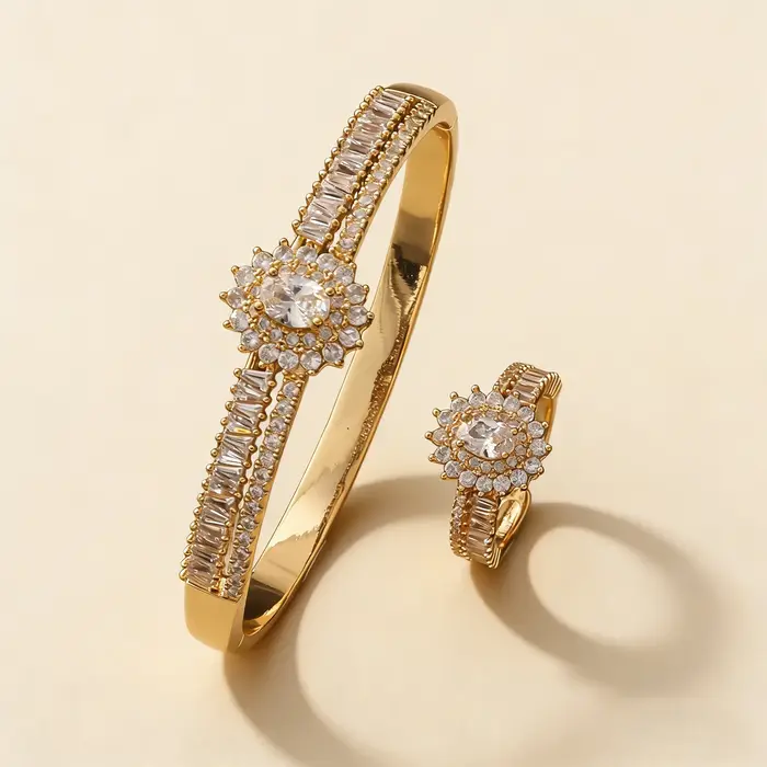 Ensemble de Bijoux Plaqués d'Or 18 Carats avec Bracelet et Bague en Cristal Tournesol Accent Baguette Occasion Spéciale Pour Femme