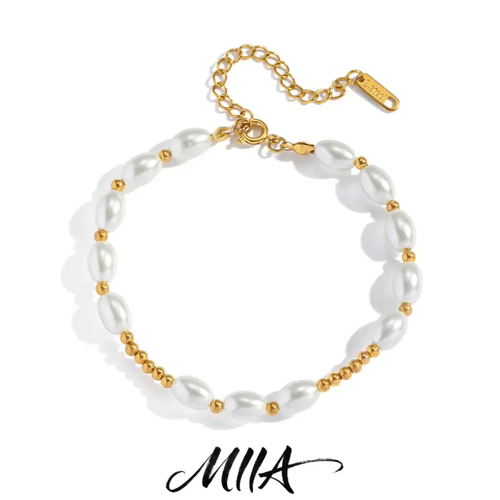Bracelet de perles ovales en or PVD 18K sur acier inoxydable pour femmes élégantes occasions spéciales style classique raffiné