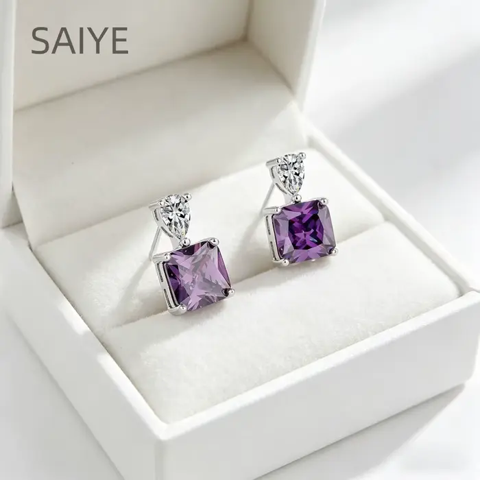 Boucles d'oreilles pendantes en cristal violet pour femmes, zircon taillé carré en forme de goutte d'eau, clous d'oreilles en argent 925, bijoux de mariée