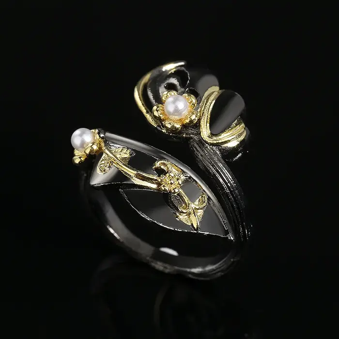 Bague élégante en or noir pour femme, bijoux en forme de cuir chevelu, bijoux en perles bicolores, h