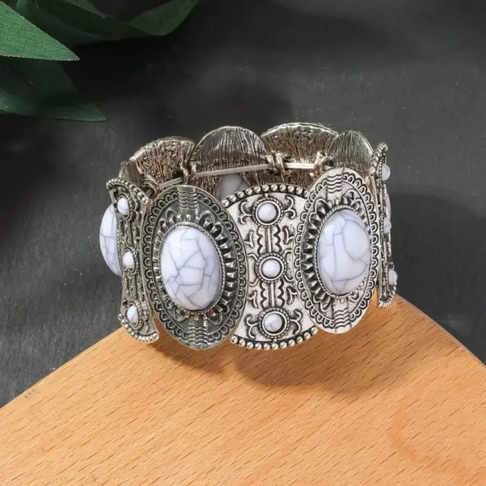Bracelet large élastique style tribal, bague de main style western, bracelet turquoise en alliage, b