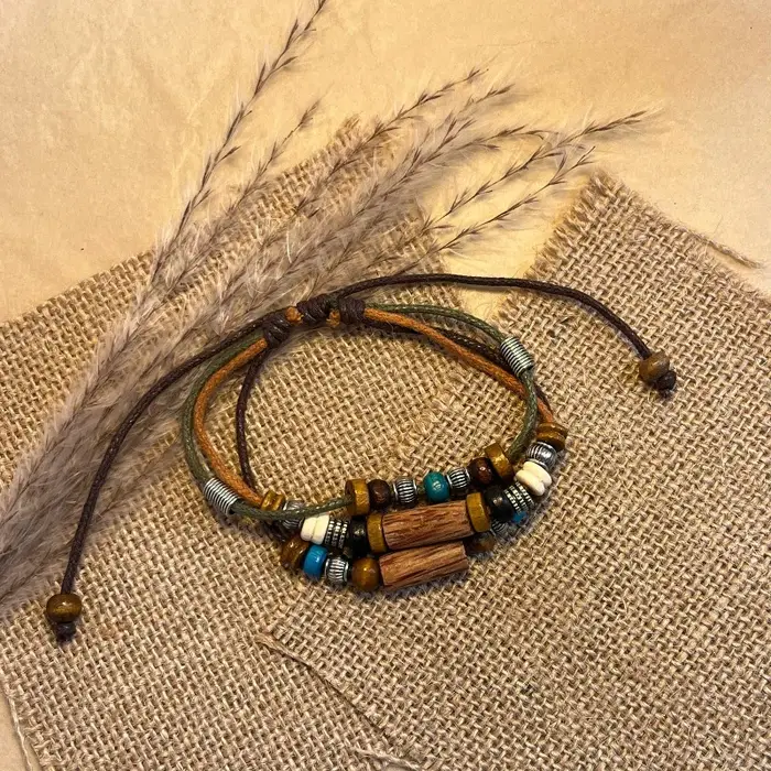 Ethnique 2 pièces/ensemble multicouche Vintage perles de bois pendentif en cuir perlé tissé prière collier et Bracelet bijoux de mode cadeaux