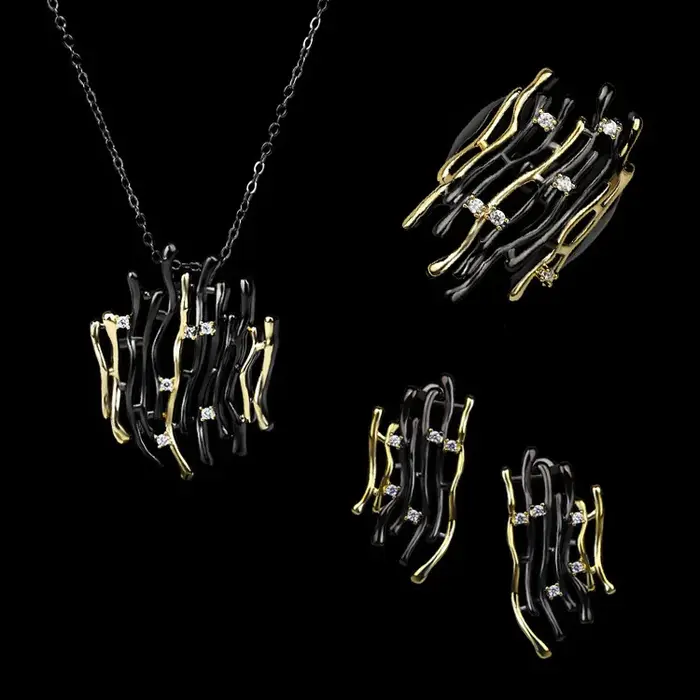 Ensemble de bijoux personnalisés plaqués or, bague creuse géométrique bicolore, collier et boucles d