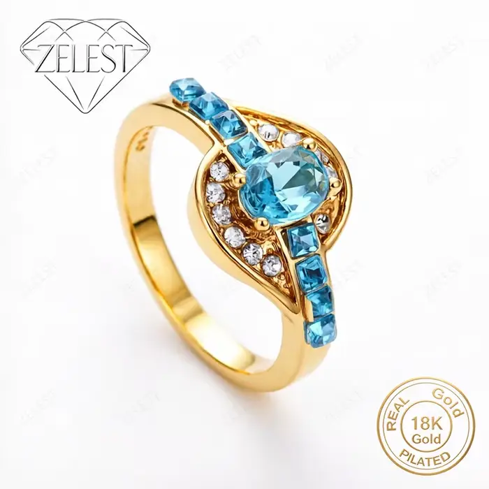 Bague en argent sterling 925 plaqué or 18 carats avec zircone bleu océan exquise pour femmes, access
