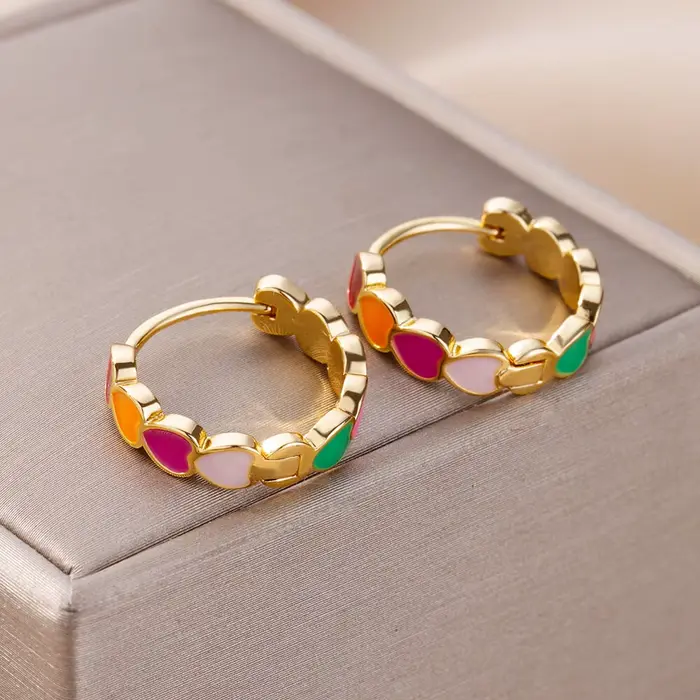 Boucles d'oreilles coeur pour femmes fille acier inoxydable émail multicolore géométrique cerceau boucle d'oreille doux accessoire Bijoux cadeau Bijoux Femme
