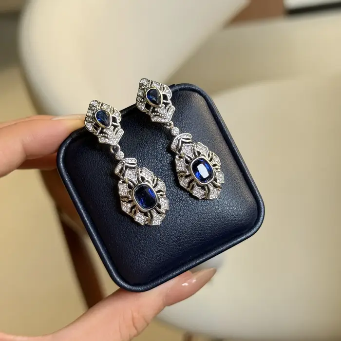 Boucles d'oreilles vintage à pampilles avec pierres précieuses bleues pour femmes, style cour, éléga