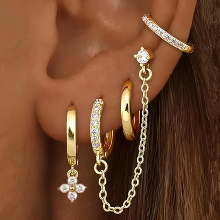4PC chaîne Huggie boucle d'oreille ensemble pour les femmes mode fleur Tragus cerceau boucles d'oreilles en vrac