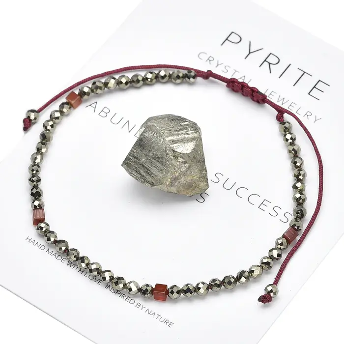 Bracelet tressé en pierre de Pyrite véritable pour femmes, 3mm, corde rouge, nœud réglable, facile à