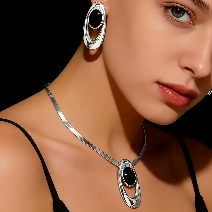Ensemble collier et boucles d'oreilles en agate noire argentée pour femme