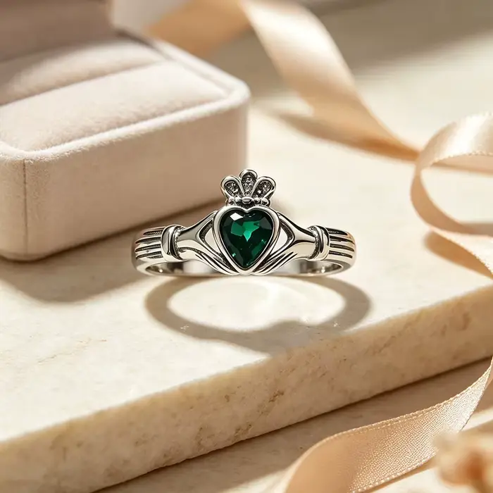 Bague Claddagh Irlandaise en Argent 925 Véritable, Cœur Vert et Couronne, Bague de Promesse de Maria