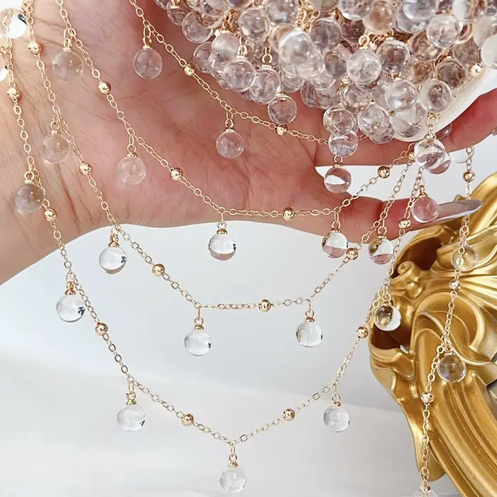 Pendentif de perles de verre rondes transparentes de 1 mètre, chaîne en métal pour bricolage, collie