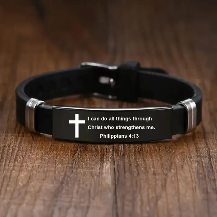 Bracelet verset de la Bible avec croix chrétienne, en acier inoxydable noir, Bracelets de foi inspir