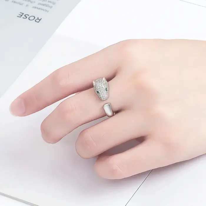 Bague de cocktail en argent sterling 925 avec motif tête de léopard cristal pour femmes et hommes occasions spéciales