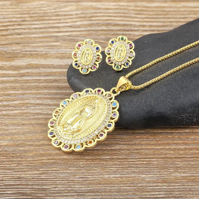 AIBEF-Ensemble de Bijoux du Catholicisme Notre-Dame d'Eissa Upe, Boucles d'Oreilles, Collier en Cuiv