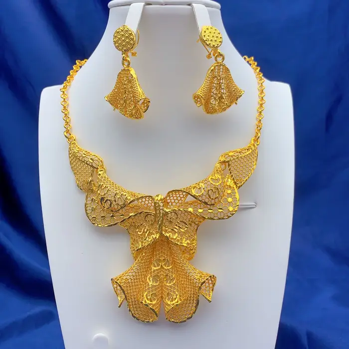 Ensemble de bijoux pour femmes, collier et boucles d'oreilles, couleur or 24K, dubaï, Nigeria, bijou