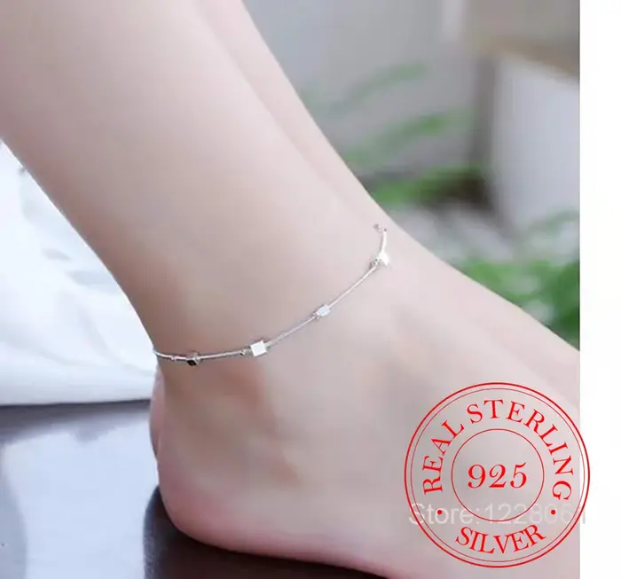 Bracelet de cheville en perles carrées en argent Sterling 925 pour femmes