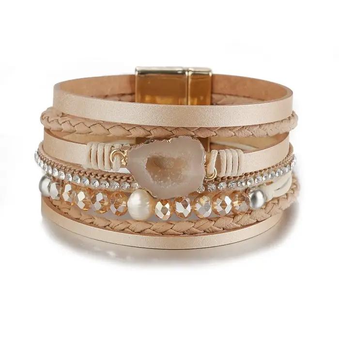 Bracelet en cuir de gravier pour femme, perles d'eau douce naturelles, cristal perlé, meilleurs cade