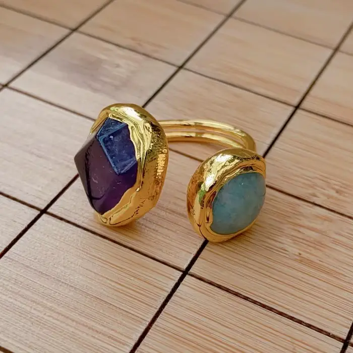 YYGEM-Bague en Pierres Précieuses Naturelles, 16x19mm, Vert, Amloggite Violet, Alanding Yst, Faite à