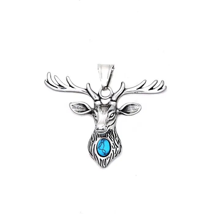 Collier pendentif tête de renne vintage en acier inoxydable incrusté de pierres précieuses artificie