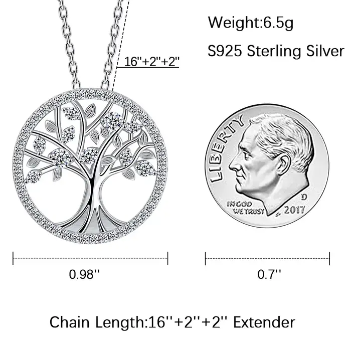 Collier pendentif Arbre de Vie en argent S925 plaqué or avec moissanite, design branches et feuilles