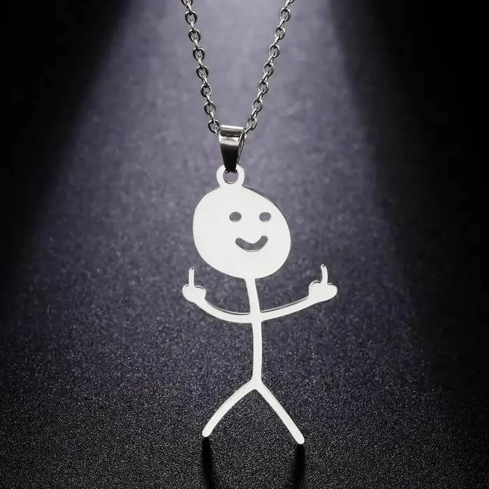 Collier amusant pour homme et femme, pendentif doigt d'honneur style doodle stickman, couleur or, bi