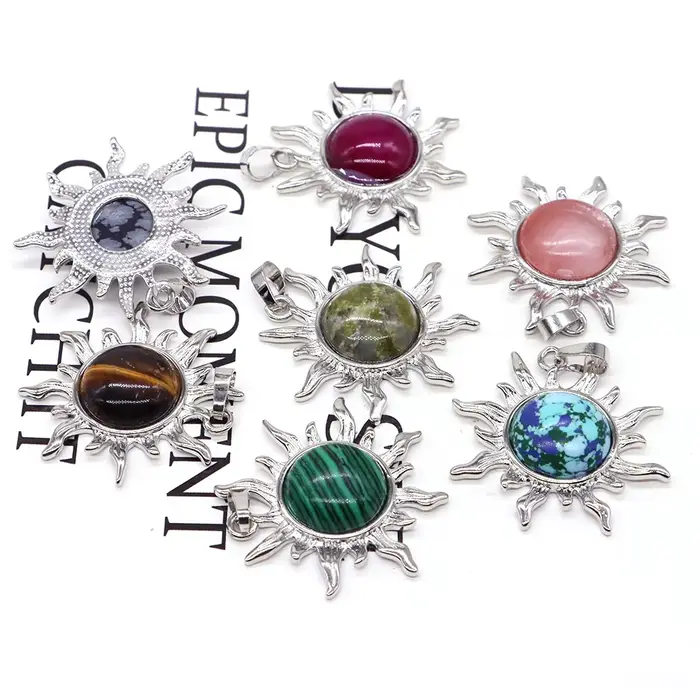 Pendentif Soleil en Alliage d'Argent Plaqué avec Pierre Naturelle de Quartz, Accessoires de Fabrication de Bijoux DIY, Collier Cadeau avec Pierre Soleil