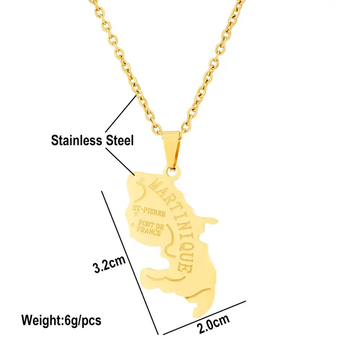 France Martinique île carte ville pendentif collier en acier inoxydable hommes femmes pays cartes bi