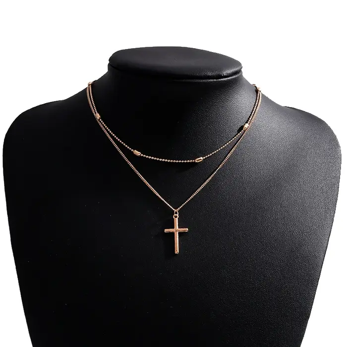 Collier pendentif croix romantique pour femmes, couleur or argent, perles ovales multicouches, chaîn