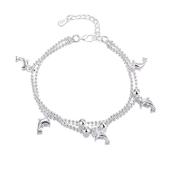 Nouvelle mode dauphin pendentif petite boule ronde perle Bracelet de cheville 925 en argent Sterling