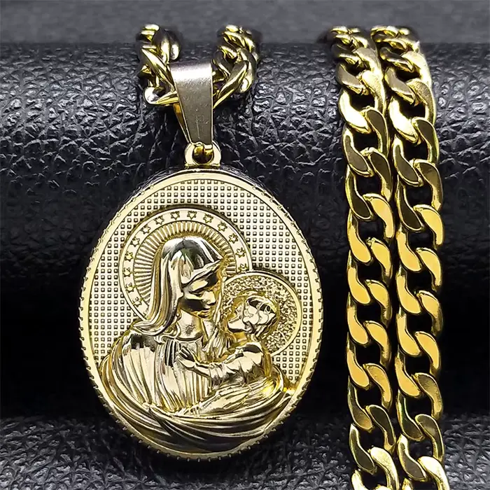 Collier médaille vierge marie et bébé pour hommes et femmes, pendentif religieux géométrique, en aci