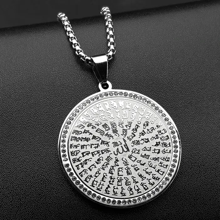 Colliers pendentifs en lettres arabes du Coran Allah avec strass pour femmes et hommes, en acier ino