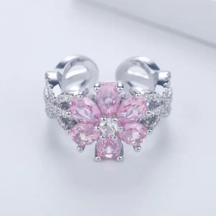 Bague en or avec fleur rose pour femmes, bijoux ajustables en Zircon brillant, cadeau pour femme, pe