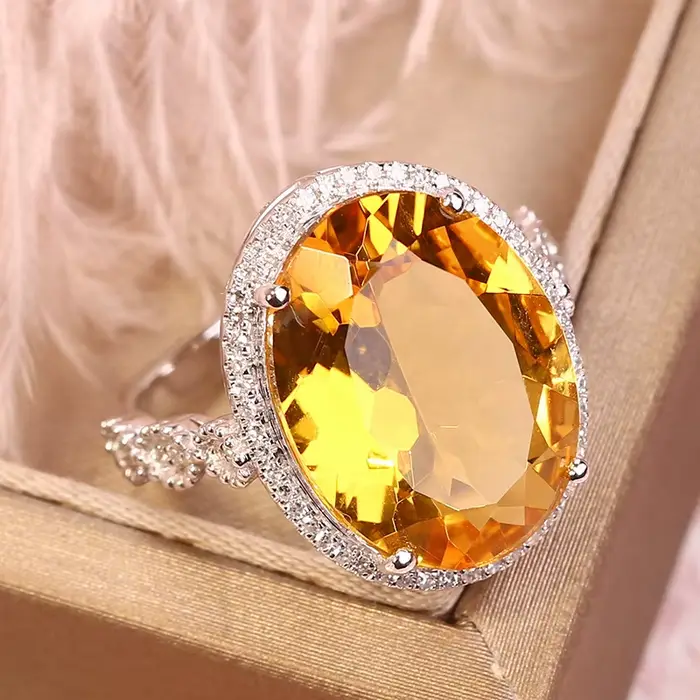 Bague réglable en Citrine jaune naturelle véritable, 16x12mm, argent 925, perle transparente pour fe