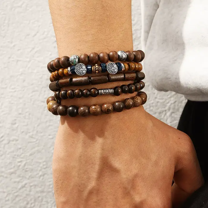 Bracelets multicouches en perles de bois pour hommes, style bohémien, rétro, arbre de vie, extensibl