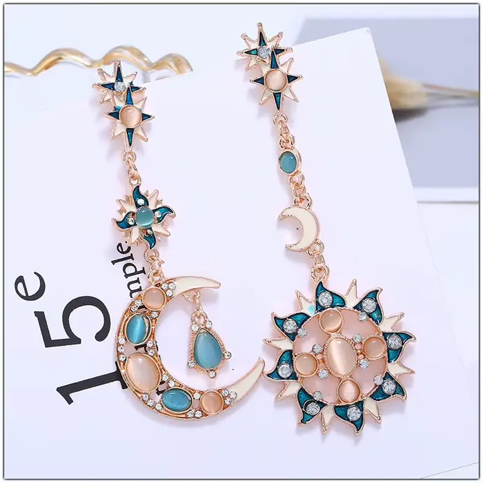 Bohême asymétrique opale soleil lune boucles d'oreilles baroque longue boucle d'oreille pour femme fille mode bijoux femme Streetwear clous d'oreille